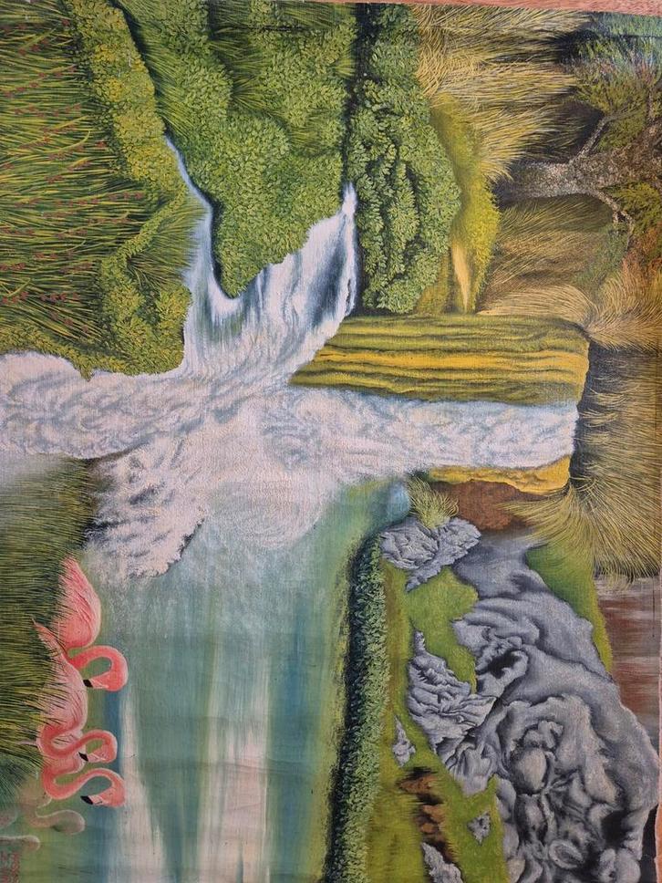Olieverfschilderij - Waterval met Flamingo's, Antiek en Kunst, Kunst | Schilderijen | Klassiek, Ophalen of Verzenden