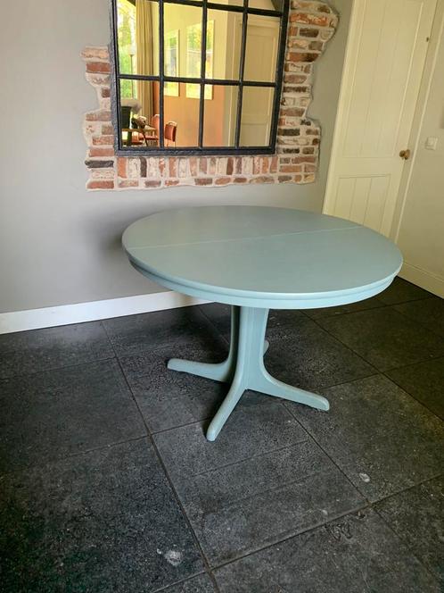 Ronde houten retro eettafel, uitklapbaar, Huis en Inrichting, Tafels | Statafels, Gebruikt, Ophalen