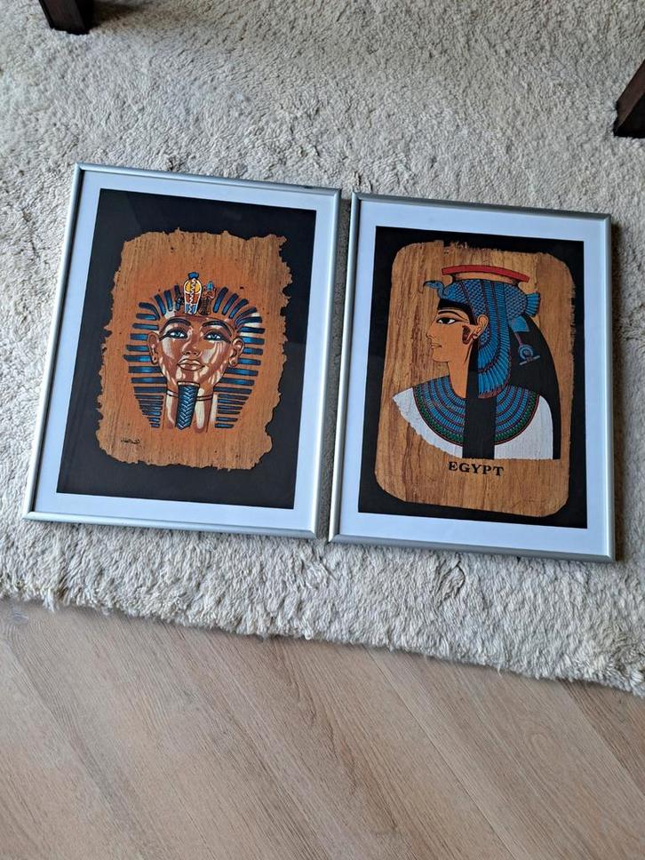 EGYPTISCH PAPYRUS IN ZILVER KLEURIGE LIJST 2 STUKS, Antiek en Kunst, Kunst | Niet-Westerse kunst, Ophalen of Verzenden