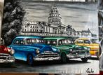 Cuba schilderij 45x60 - Oldtimers voor het Capitool, Antiek en Kunst, Kunst | Schilderijen | Klassiek, Ophalen