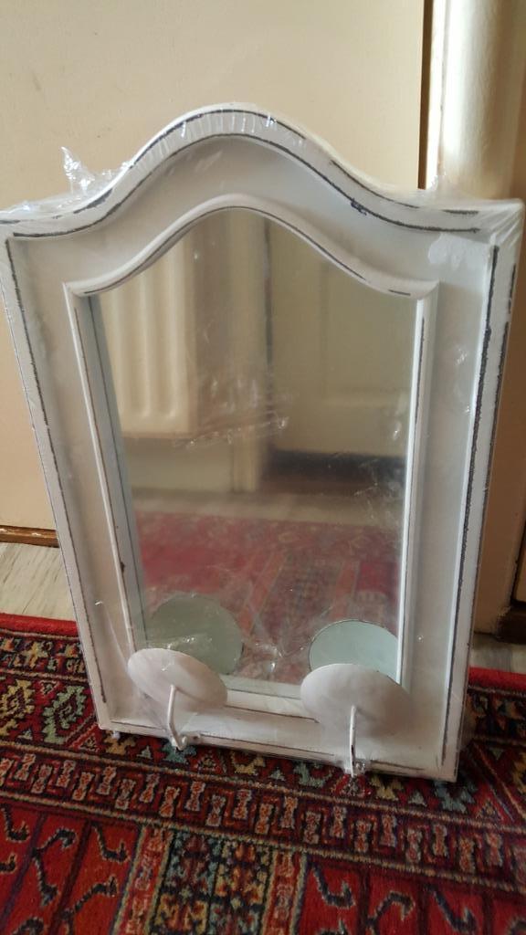 *** NIEUW WHITE WASH SPIEGEL MET KAARSENHOUDERS ***, Huis en Inrichting, Woonaccessoires | Spiegels, Nieuw, Minder dan 50 cm, Minder dan 100 cm