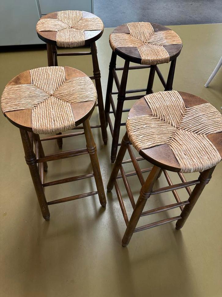 4 Vintage Barkrukken in Goede Staat, Huis en Inrichting, Stoelen, Gebruikt, Vier, Hout, Riet of Rotan, Bruin, Ophalen