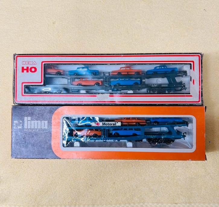 Lima: twee autotransporters met Fleischmann koppelingen, Hobby en Vrije tijd, Modeltreinen | H0, Gebruikt, Wagon, Gelijkstroom of Wisselstroom