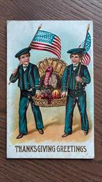 Thanksgiving. Reliefkaart. Mand met kalloen, fruit, vlag, Ophalen of Verzenden, Voor 1920, Overige thema's