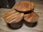 Mangohouten salontafel set van 3 stuks, 50 tot 100 cm, Rond, Zo goed als nieuw, Minder dan 50 cm