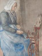 Achter het spinnewiel  - gesigneerd en gedateerd, Antiek en Kunst, Kunst | Schilderijen | Klassiek, Ophalen of Verzenden