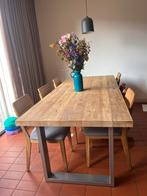 Massieve eiken tafel met stalen onderstel – fris opgeschuurd, Ophalen, 200 cm of meer, 50 tot 100 cm, Zo goed als nieuw