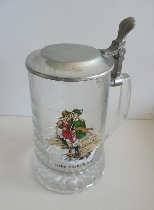 Bierpul Duits tin deksel 3.  Bierkrug Zinndeckel “Liebe mach, Verzamelen, Biermerken, Zo goed als nieuw, Pul(len), Overige merken