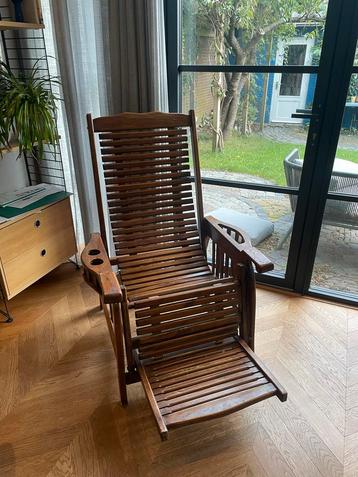 Vintage Houten Ligstoel met uitschuifbare rug en -voetsteun beschikbaar voor biedingen