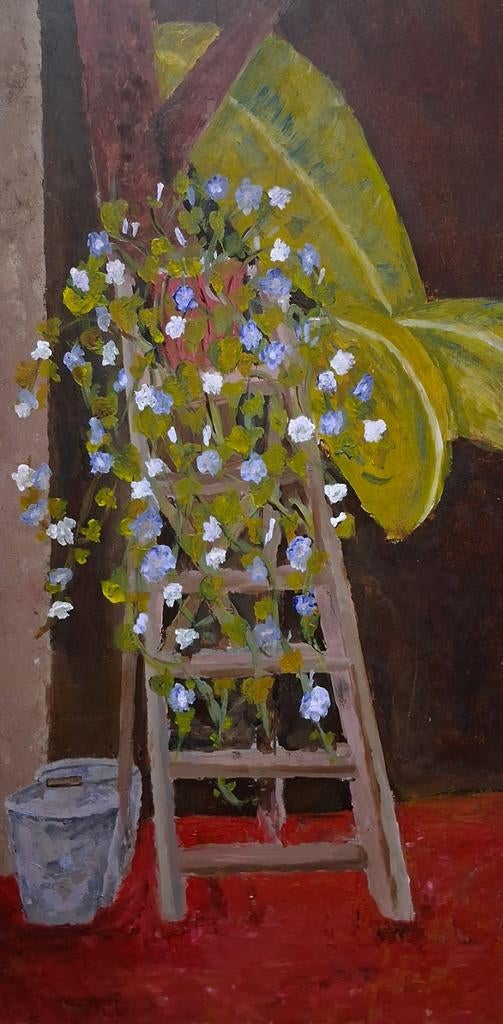 Schilderij met bloemen op een ladder, Ophalen of Verzenden