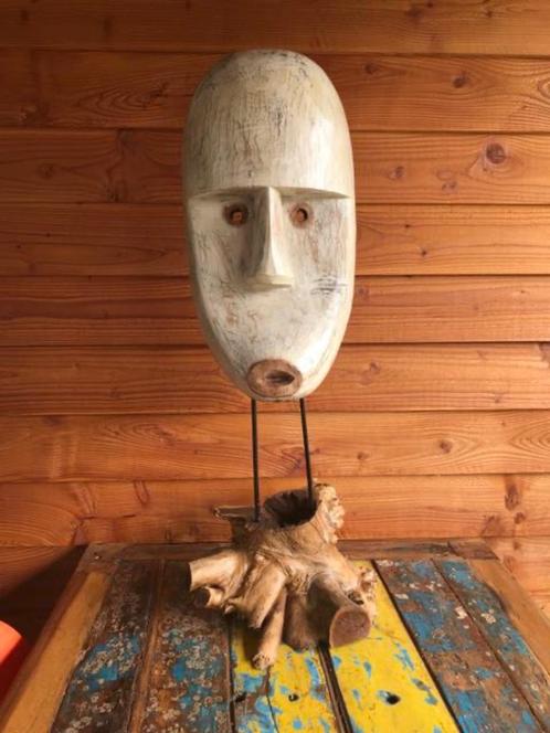 Houtsnijwerk masker op boomstronk wortel teak uit indonesie, Antiek en Kunst, Kunst | Beelden en Houtsnijwerken, Ophalen of Verzenden