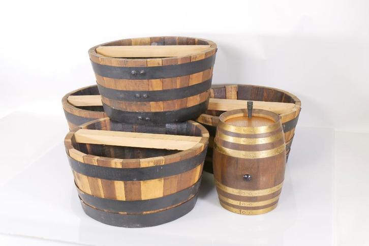 Set houten tonnen en vat met messing banden, Tuin en Terras, Regentonnen, Nieuw, Hout, Minder dan 75 liter, Ophalen of Verzenden