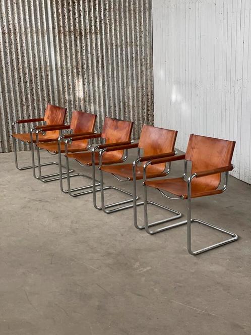 Set 5x Mart Stam cognac bruin leer 1970 Linea Veam stoelen, Huis en Inrichting, Stoelen, Gebruikt, Leer, Bruin, Ophalen