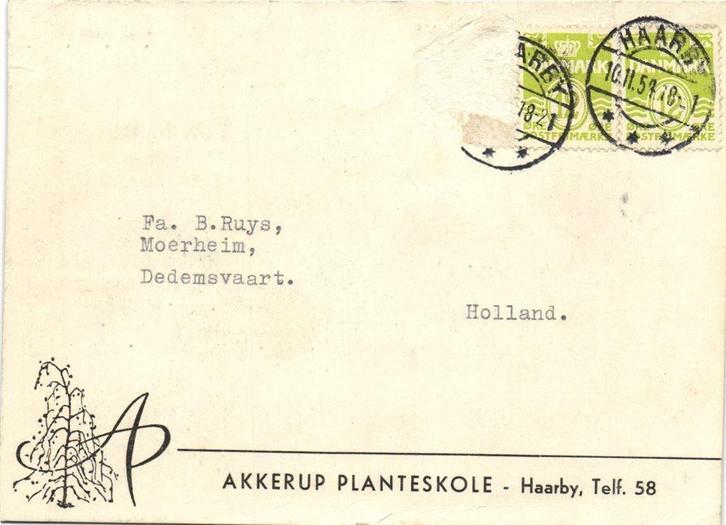 Akkerup Planteskole - Haarby - 11.1954 - briefkaart, Postzegels en Munten, Brieven en Enveloppen | Buitenland, Briefkaart, Ophalen of Verzenden