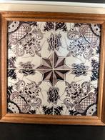 Antiek Tegeltableau met Houten Lijst - Bloemmotief & Ster, Ophalen of Verzenden