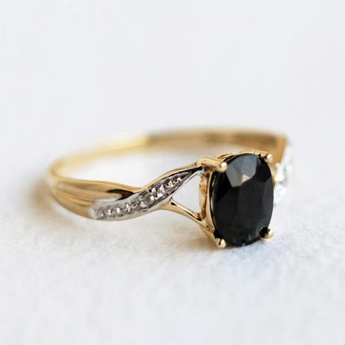 Vintage 9ct goud ring Saffier & Diamant - 17,75, Sieraden, Tassen en Uiterlijk, Ringen, Zo goed als nieuw, Dame, 17 tot 18, Goud