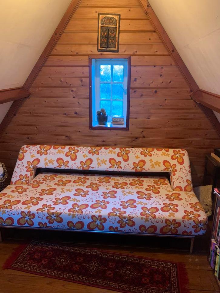 Retro slaapbank oranje bloemen, Huis en Inrichting, Slaapkamer | Slaapbanken, Gebruikt, 120 cm, 200 cm, Twijfelaar, Overige kleuren