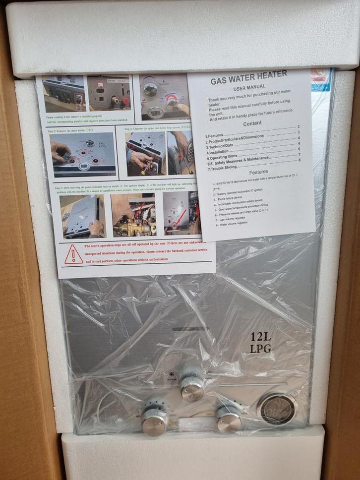 LPG Geiser 12L - Direct Warm Water Zonder Stroom, Caravans en Kamperen, Kampeeraccessoires, Nieuw, Ophalen of Verzenden