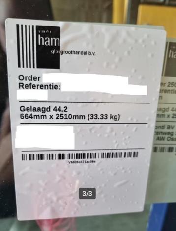 Veiligheidsglas 44.2 664x2510mm NIEUW 3 stuks voor € 30,- beschikbaar voor biedingen