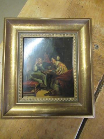 Oer 11338 klein ANTIEK 19e eeuws schilderijtje "Schaakspel" beschikbaar voor biedingen
