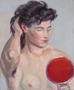 ====c a 1950 ==== vrouwelijk naakt met rode spiegel ==, Antiek en Kunst, Ophalen of Verzenden