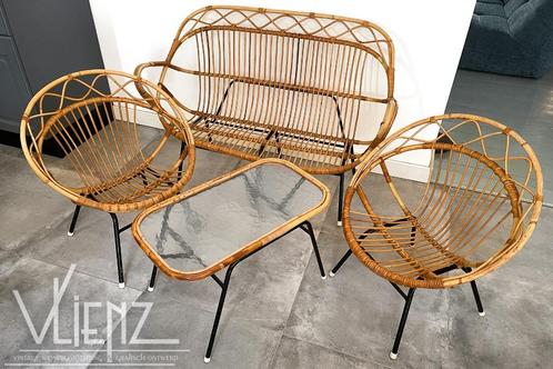 Vintage, Rohé rotan tuinset bank stoelen, tafel gewolkt glas, Verzamelen, Retro, Huis en Inrichting, Ophalen
