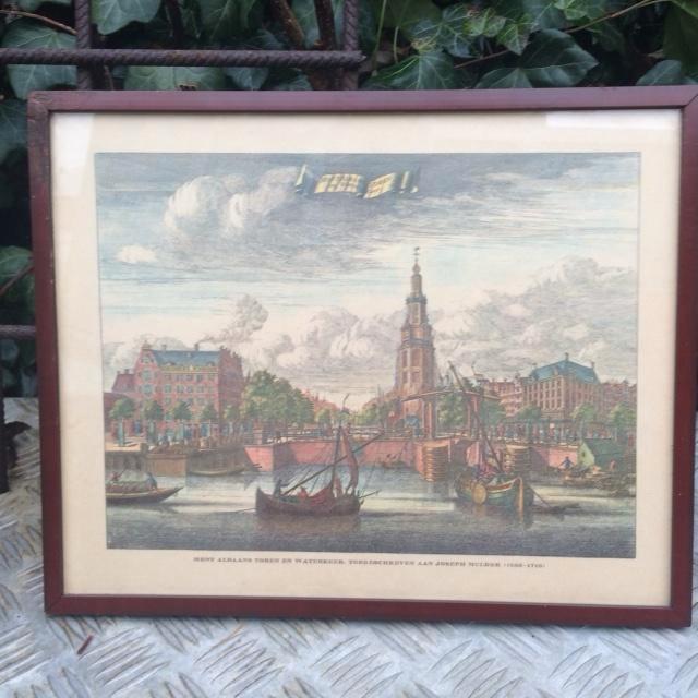 ingelijste ingekleurde ets, gravure,prent? Montelbaanstoren, Antiek en Kunst, Kunst | Etsen en Gravures, Ophalen of Verzenden