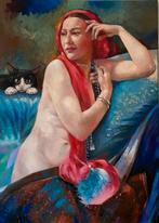 Vrouw met kat op schilderij, Antiek en Kunst, Kunst | Schilderijen | Klassiek, Ophalen of Verzenden