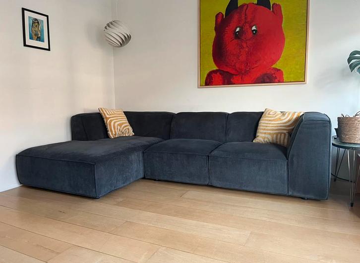 Mooie blauw grijze hoekbank / bank ribstof - 1 jaar oud, Huis en Inrichting, Banken | Bankstellen, Zo goed als nieuw, Vierpersoons of meer
