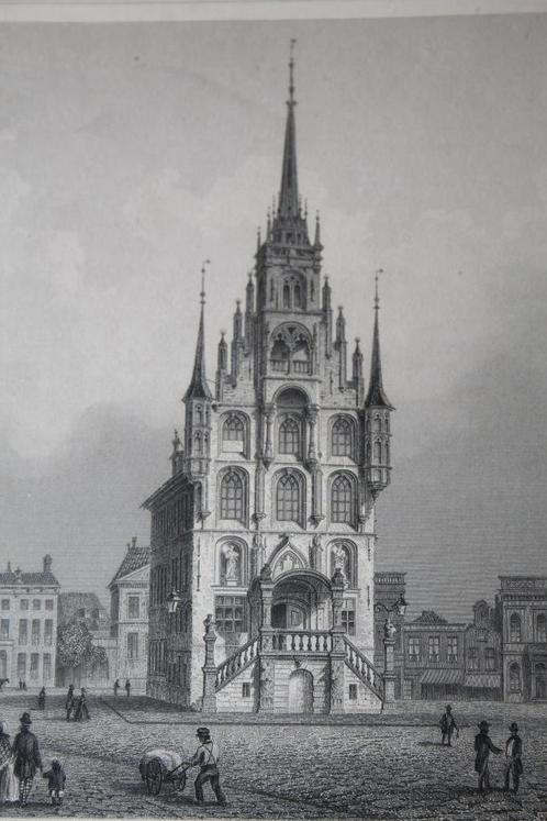 19e eeuwse ets (?) Markt en Stadhuis Gouda, Antiek en Kunst, Kunst | Etsen en Gravures, Ophalen of Verzenden