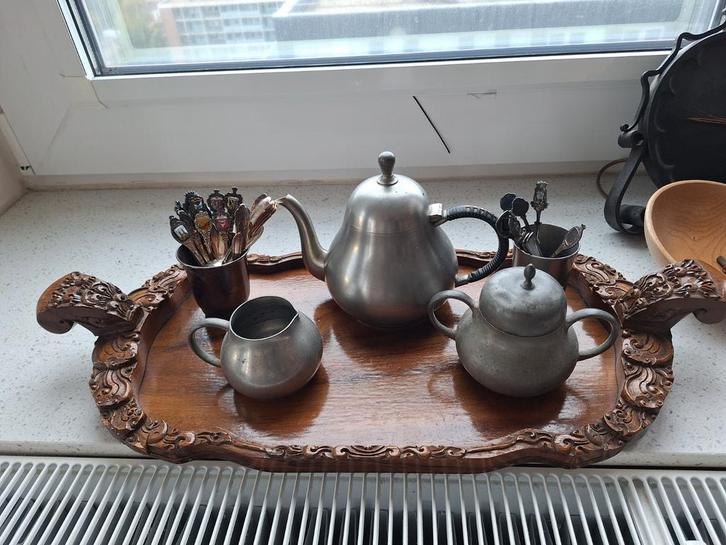 Antiek Tinnen Theeservies op Houten Dienblad, Antiek en Kunst, Antiek | Tin, Ophalen of Verzenden