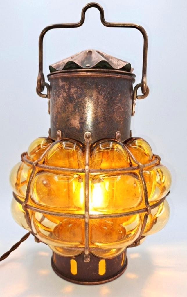 Marine Lamp In Copper And Blown Glass, Early 20th Century, Huis en Inrichting, Lampen | Vloerlampen, Minder dan 100 cm, Ophalen