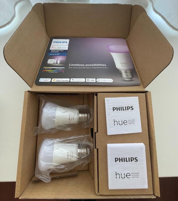 Philips Hue starter kit E27 White and Color Ambiance, Huis en Inrichting, Lampen | Losse lampen, Nieuw, Led-lamp, 60 watt of meer
