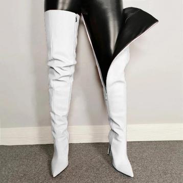 Witte leren overknee dames laarzen met rits beschikbaar voor biedingen