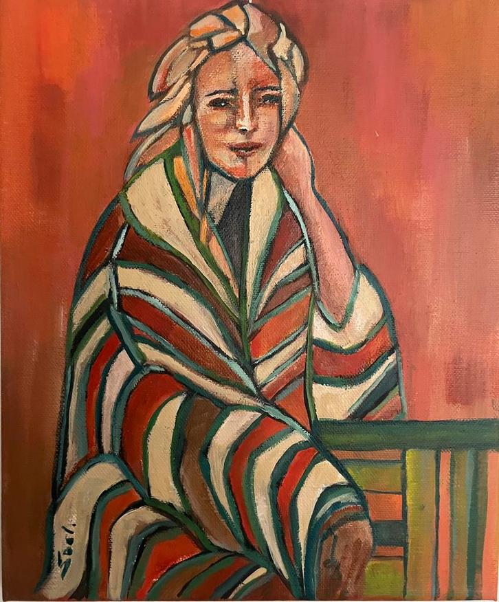 Schilderij titel woman in a striped kimono, Antiek en Kunst, Kunst | Schilderijen | Modern, Ophalen of Verzenden
