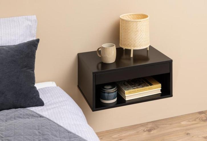 Zwevend Nachtkastje Zwart & Wit gelakt MDF 50 cm VOORRAAD, Huis en Inrichting, Slaapkamer | Nachtkastjes, Nieuw, 55 tot 70 cm