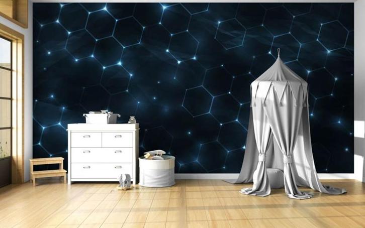 Fotobehang - Gamekamer - Hexagon - Futuristische Hexagonen, Huis en Inrichting, Stoffering | Behang, Blauw, Zwart, minder dan 10 m²
