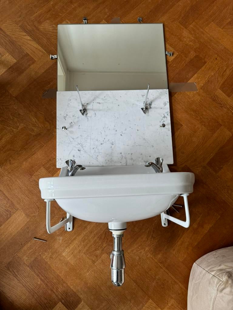 Retro vintage wastafel 500x435 mm met marmeren achterwand, Ophalen, Gebruikt, Glas, Wastafel