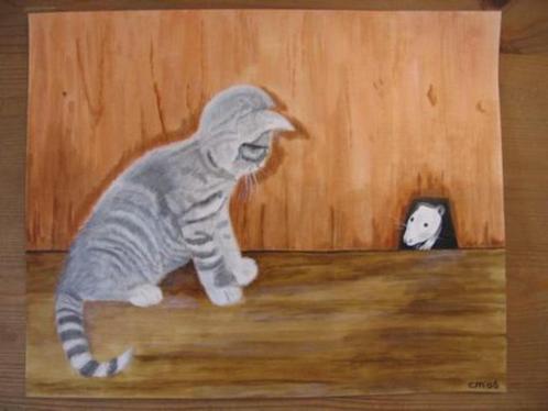 Kat en muis schilderij (33 x 41 cm.), Huis en Inrichting, Woonaccessoires | Schilderijen, Tekeningen en Foto's, Nieuw, Schilderij