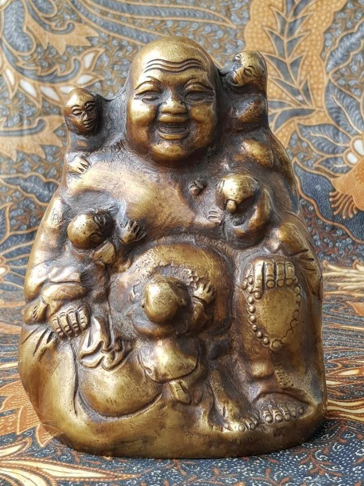 Mooi zwaar antiek Chinees brons beeldje van Boeddha 14,2 cm., Antiek en Kunst, Kunst | Niet-Westerse kunst, Ophalen of Verzenden
