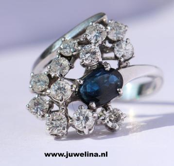 18 kt gouden ring 1 ct diamanten briljant saffier beschikbaar voor biedingen