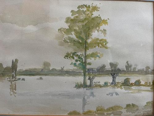 Aquarel Schilderij Hoog Water 1925 Gesigneerd Ingelijst, Antiek en Kunst, Kunst | Schilderijen | Klassiek, Ophalen of Verzenden