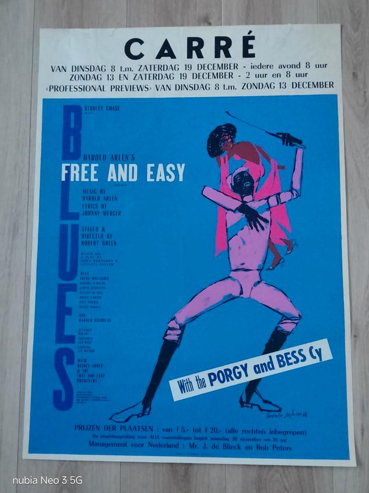 Carré Affiche - Free and Easy Blues. With Porgy and Bess cy., Verzamelen, Posters, Zo goed als nieuw, Muziek, A1 t/m A3, Rechthoekig Staand