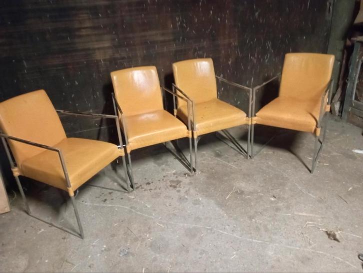 Bert Plantagie designstoelen model Clark, Huis en Inrichting, Stoelen, Gebruikt, Vier, Hout, Leer, Metaal, Overige kleuren, Ophalen