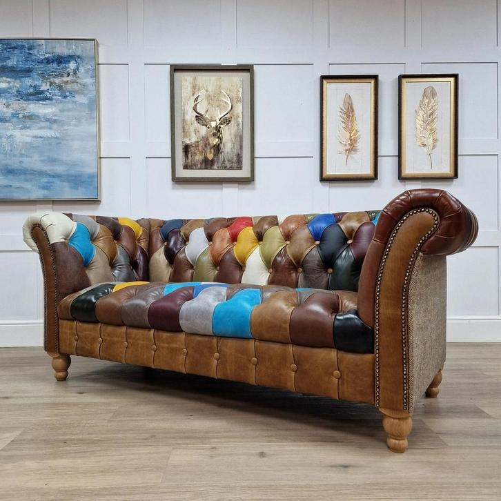 Multicolour chesterfield 3 Zit bank Patchwork 100% rund leer, Huis en Inrichting, Banken | Bankstellen, Nieuw, 200 tot 250 cm