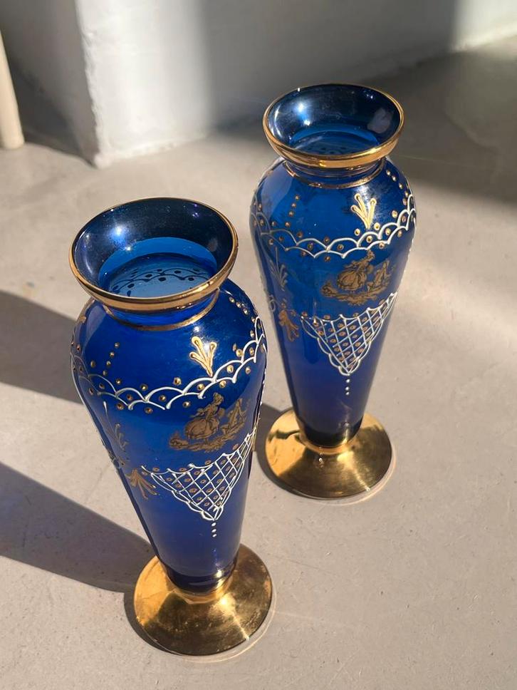 Murano Vaasjes Estevan Rossetto Kobalt Blauw en Goud, Antiek en Kunst, Antiek | Glas en Kristal, Verzenden