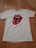 Wit shirt met rode paillettenmond voorop. Maat L, Wit, Ophalen of Verzenden, Zo goed als nieuw, Korte mouw