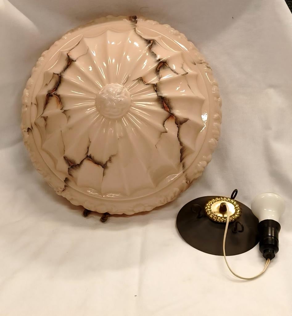 Art deco lamp jaren 20-30 plafondlamp pastel roze glas anti, Antiek en Kunst, Ophalen