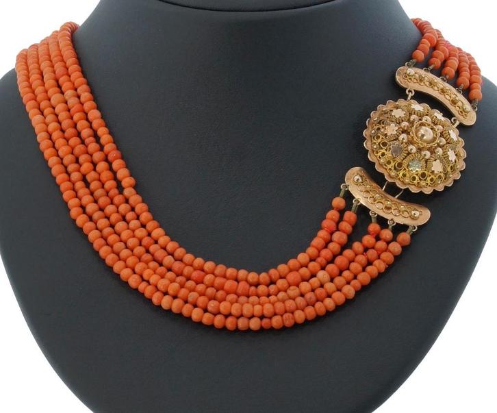 Filigrain 14k slot goud fraaie 5-strengs ketting antiek dame, Sieraden, Tassen en Uiterlijk, Antieke sieraden, Ketting, Goud, Met edelsteen