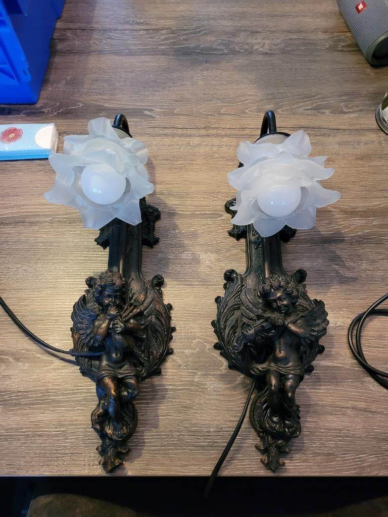 Set van 2 antieke engelenlampen / wandlampen, Ophalen of Verzenden